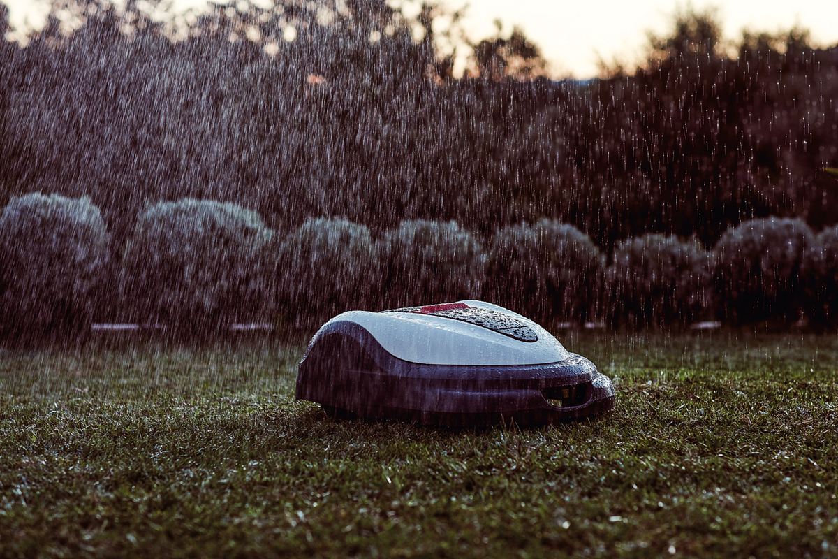 Schlechtes Wetter macht Miimo nichts aus, er mäht auch bei Regen